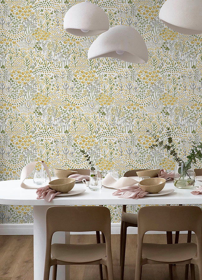 Flower Parade Yellow Peel and Stick Wallpaper - Brewster Wallcovering