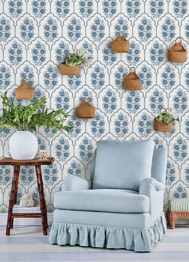 Floral Bazaar Delft Blue Peel and Stick Wallpaper - York Wallcoverings - SSS6315 - York Wallcoverings Wallpaper