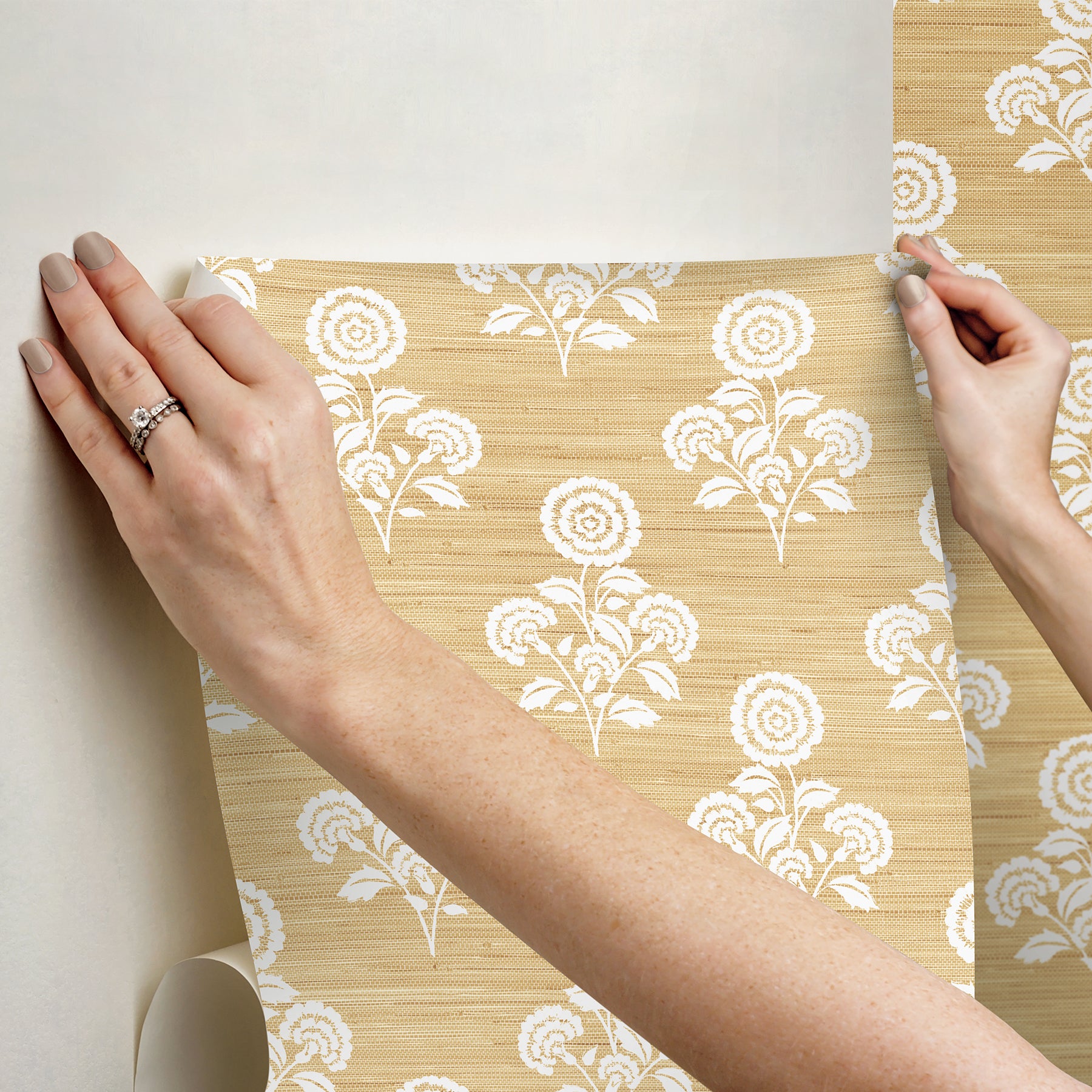 Flourish Block Print Wheat Faux Grasscloth Peel and Stick Wallpaper - Brewster Wallcovering