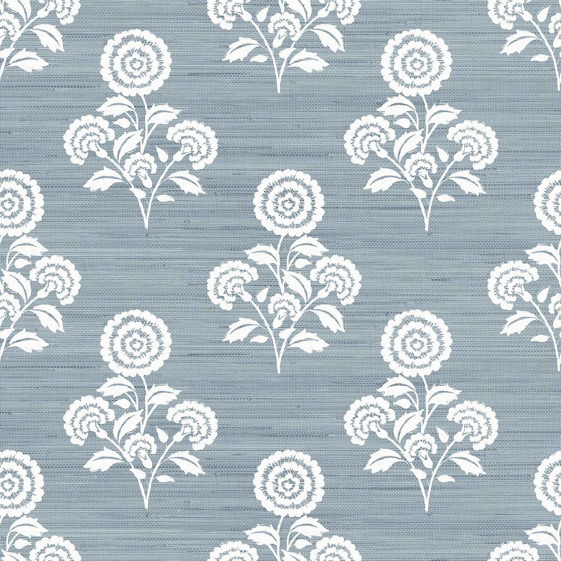Flourish Block Print Mineral Blue Faux Grasscloth Peel and Stick Wallpaper - York Wallcoverings - SSS6309