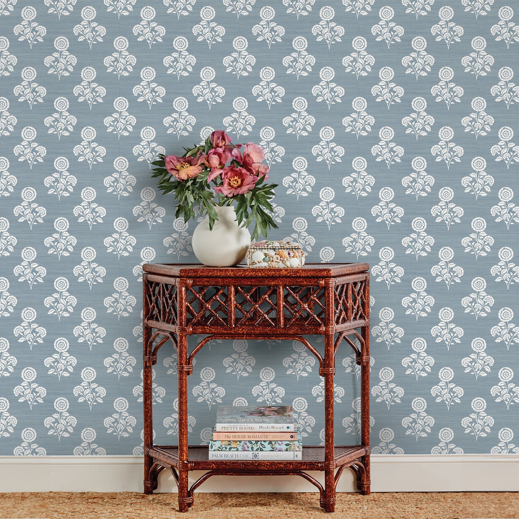 Flourish Block Print Mineral Blue Faux Grasscloth Peel and Stick Wallpaper - Brewster Wallcovering