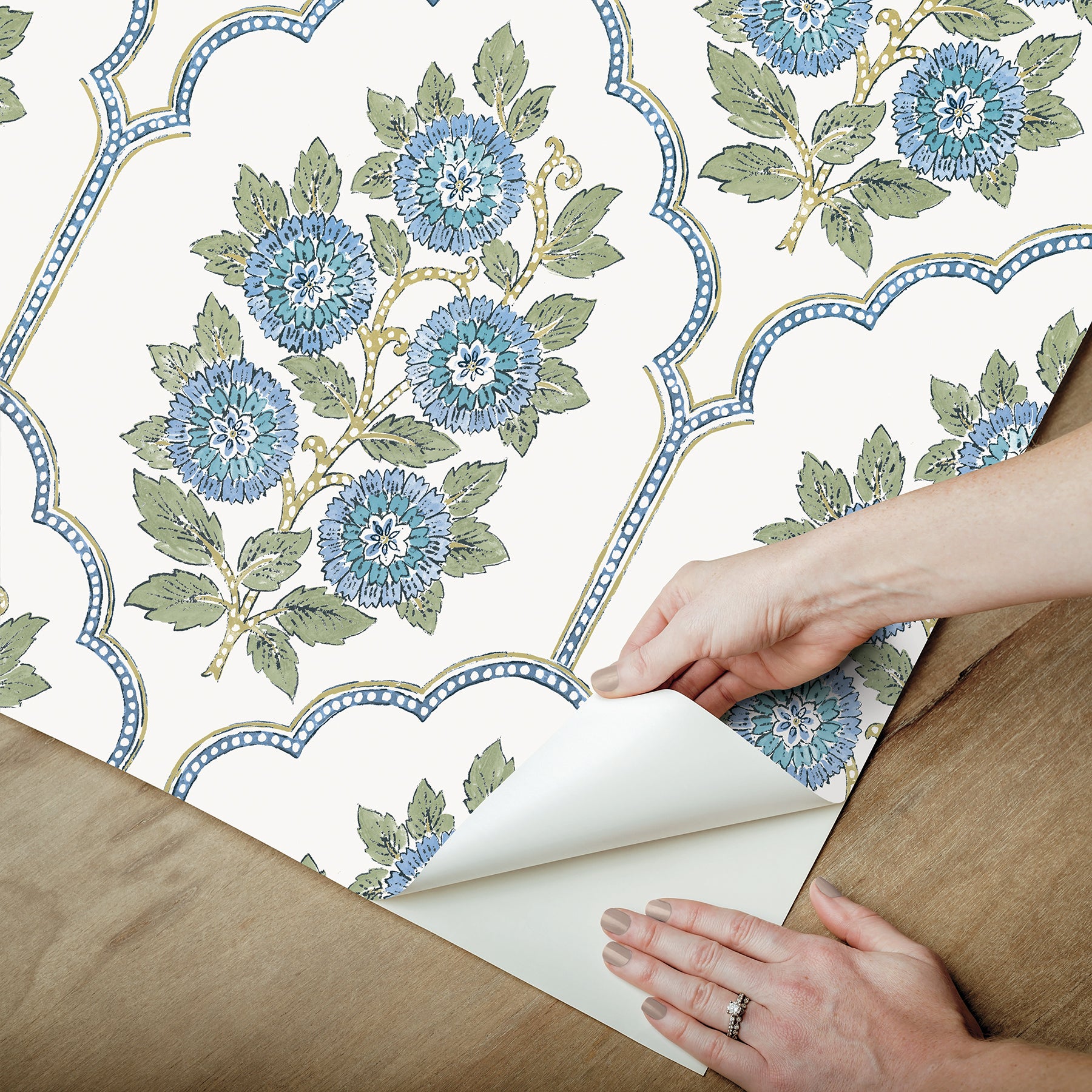 Floral Bazaar Green and Blue Peel and Stick Wallpaper - Brewster Wallcovering