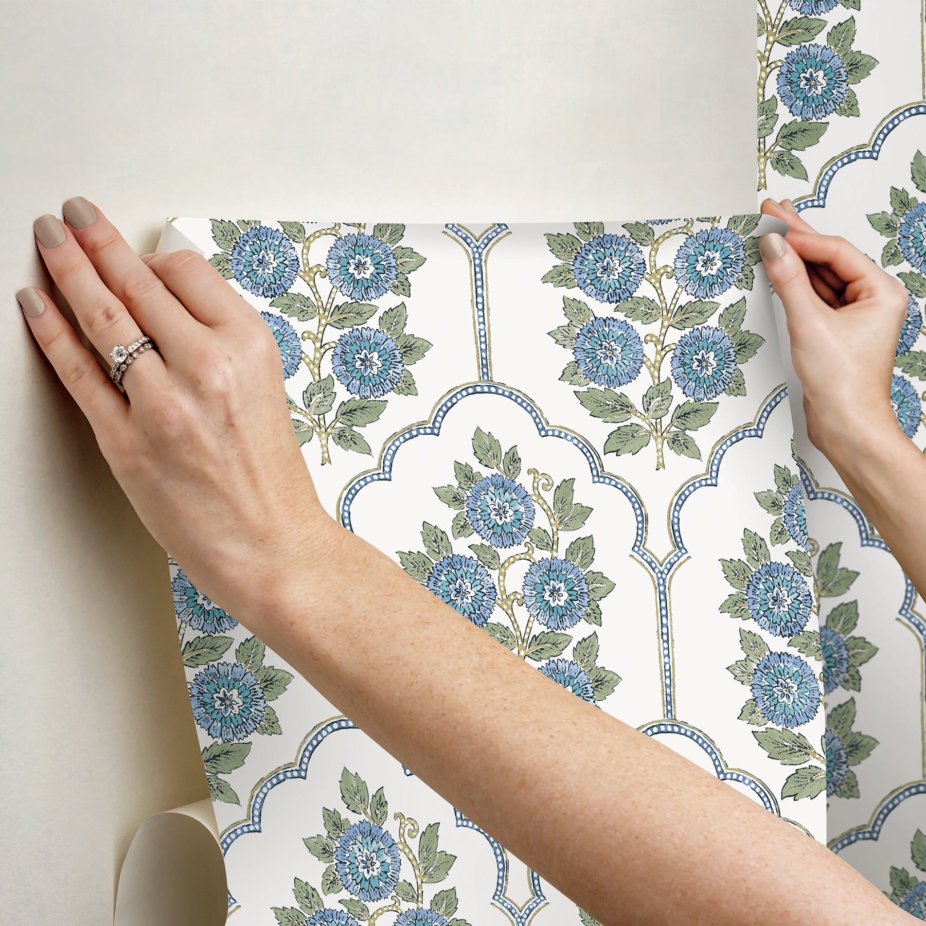 Floral Bazaar Green and Blue Peel and Stick Wallpaper - Brewster Wallcovering