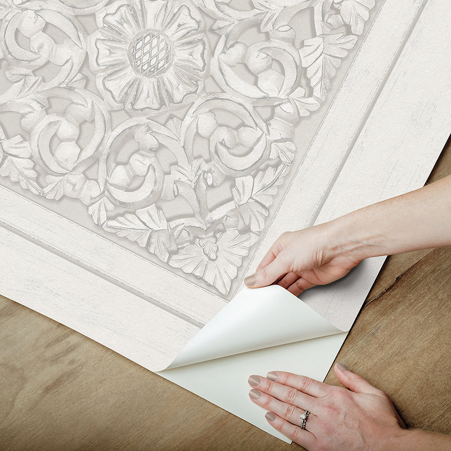 Carved Floral White Peel and Stick Wallpaper - Brewster Wallcovering