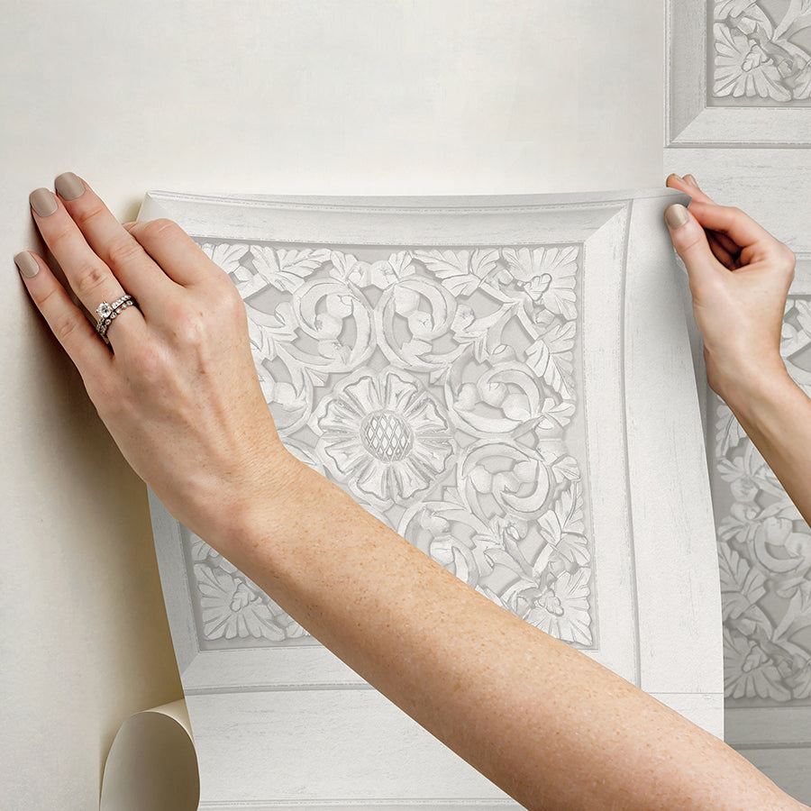 Carved Floral White Peel and Stick Wallpaper - Brewster Wallcovering