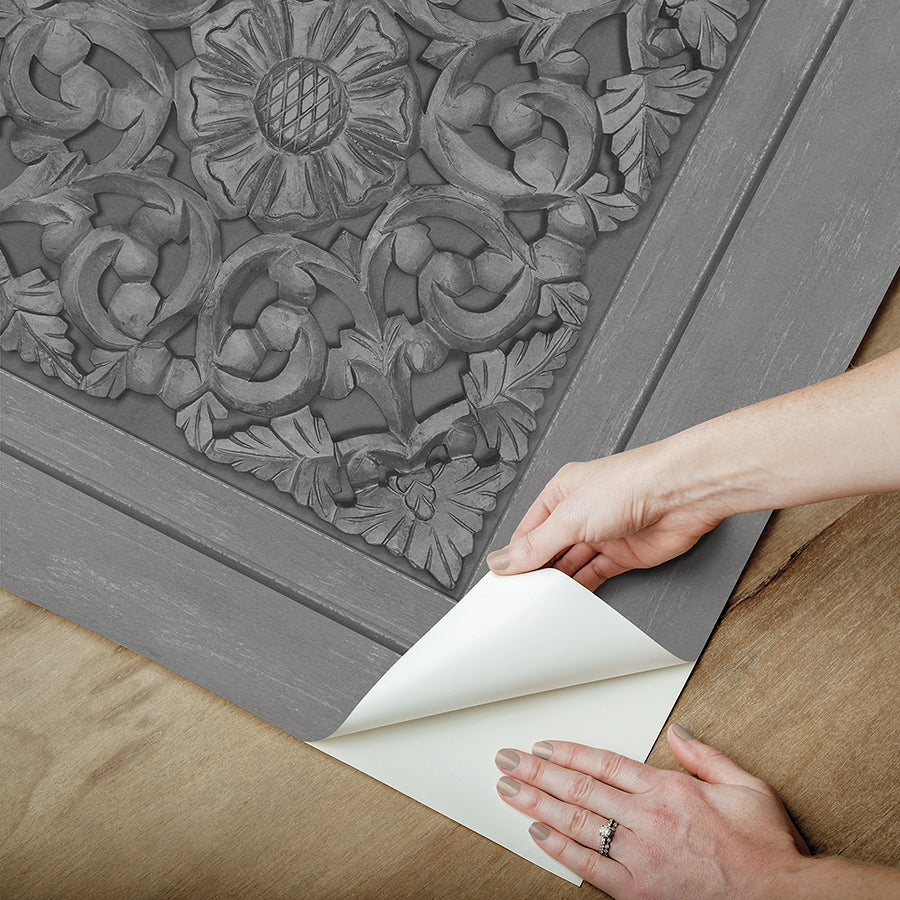 Carved Floral Grey Peel and Stick Wallpaper - Brewster Wallcovering