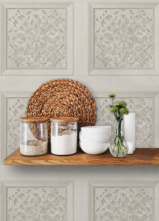 Carved Floral Cream Peel and Stick Wallpaper - Brewster Wallcovering