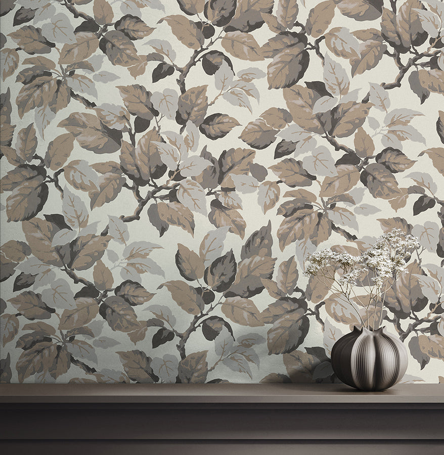 Canopy Beige Leaf Wallpaper - Brewster Wallcovering