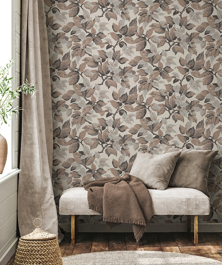 Canopy Beige Leaf Wallpaper - Brewster Wallcovering