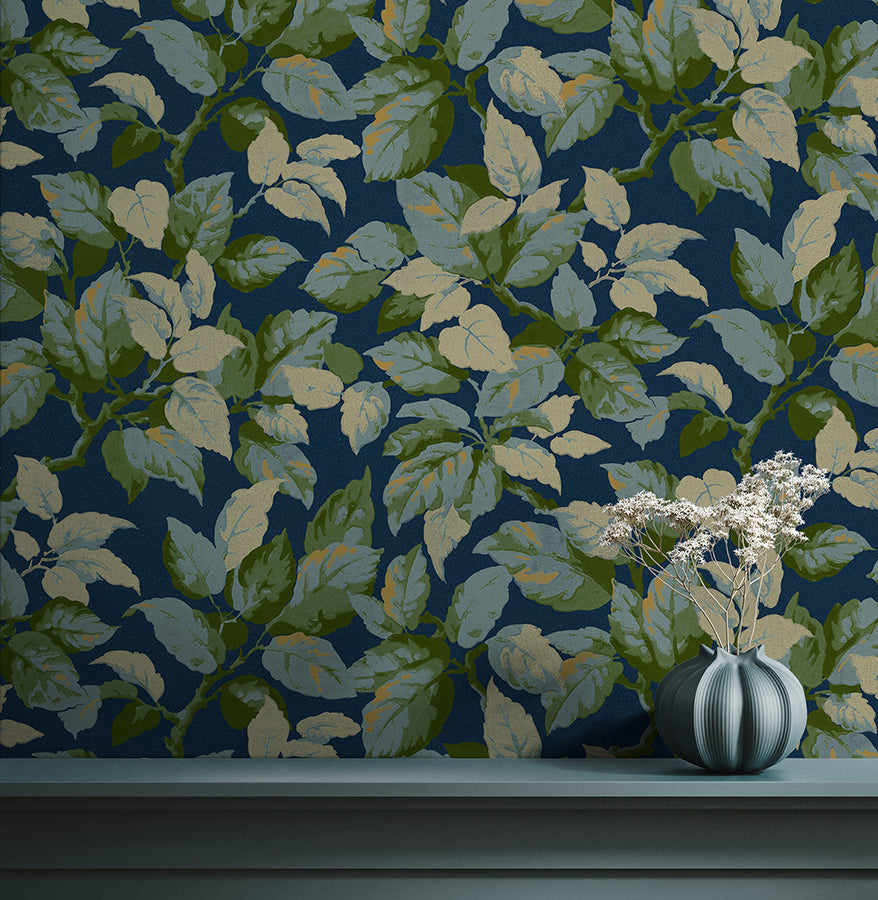 Canopy Navy Leaf Wallpaper - Brewster Wallcovering