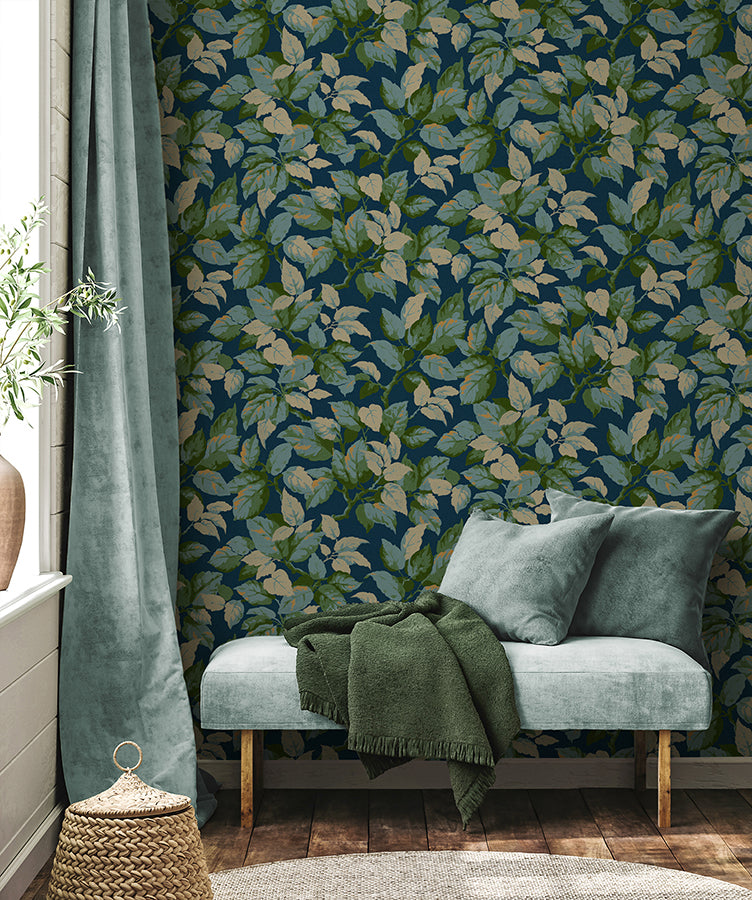 Canopy Navy Leaf Wallpaper - Brewster Wallcovering