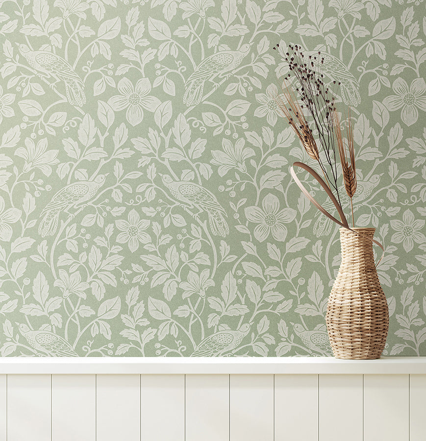 Marlow Green Bird Vine Wallpaper - Brewster Wallcovering