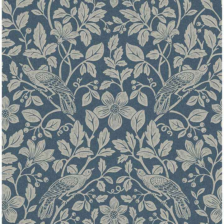 Marlow Dark Blue Bird Vine Wallpaper - York Wallcoverings - 4164-M1818