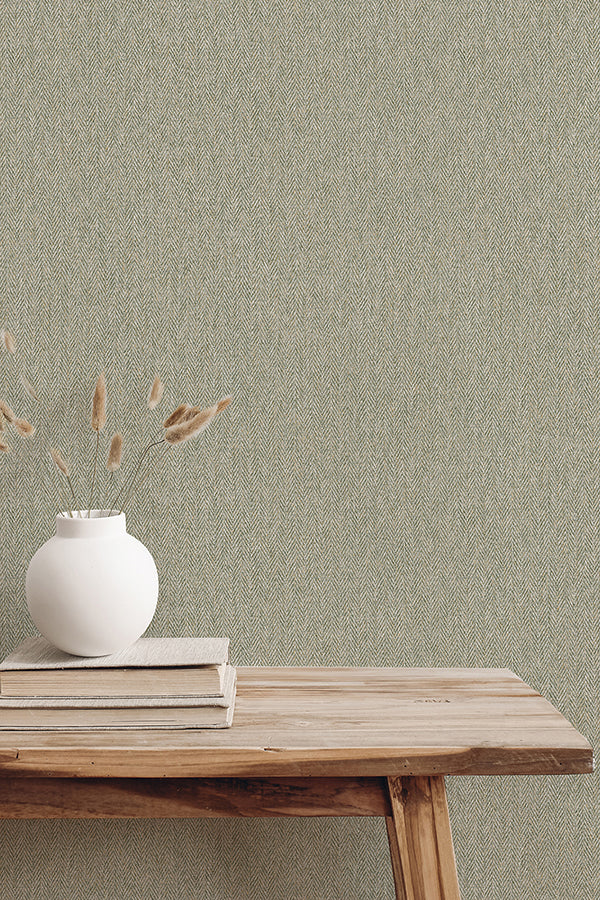 Herringbone Green Tweed Wallpaper - Brewster Wallcovering