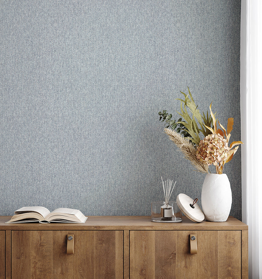 Herringbone Blue Tweed Wallpaper - Brewster Wallcovering