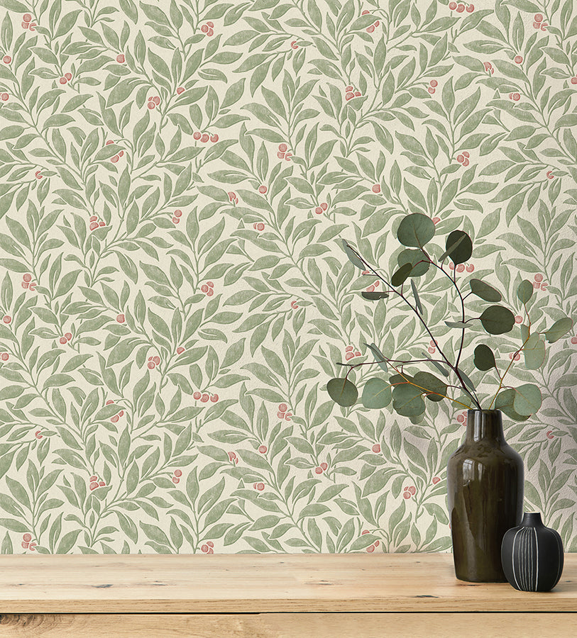 Winter Berry Green Vine Wallpaper - Brewster Wallcovering