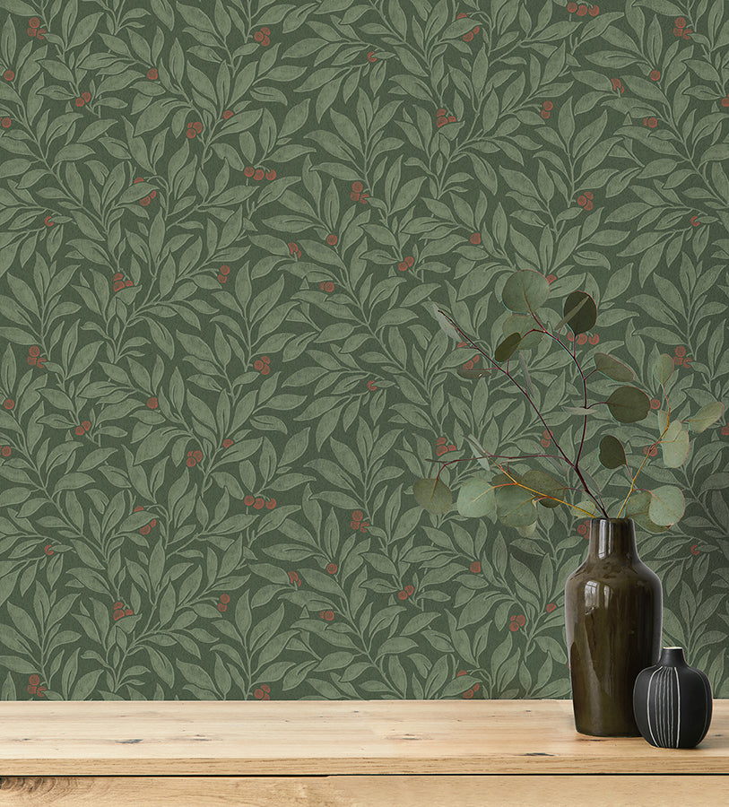 Winter Berry Evergreen Vine Wallpaper - Brewster Wallcovering