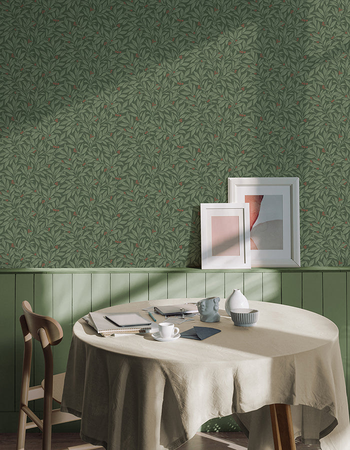 Winter Berry Evergreen Vine Wallpaper - Brewster Wallcovering