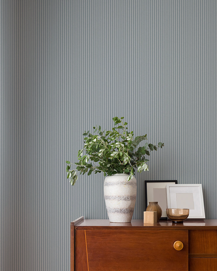 Ticking Blue Stripe Wallpaper - Brewster Wallcovering