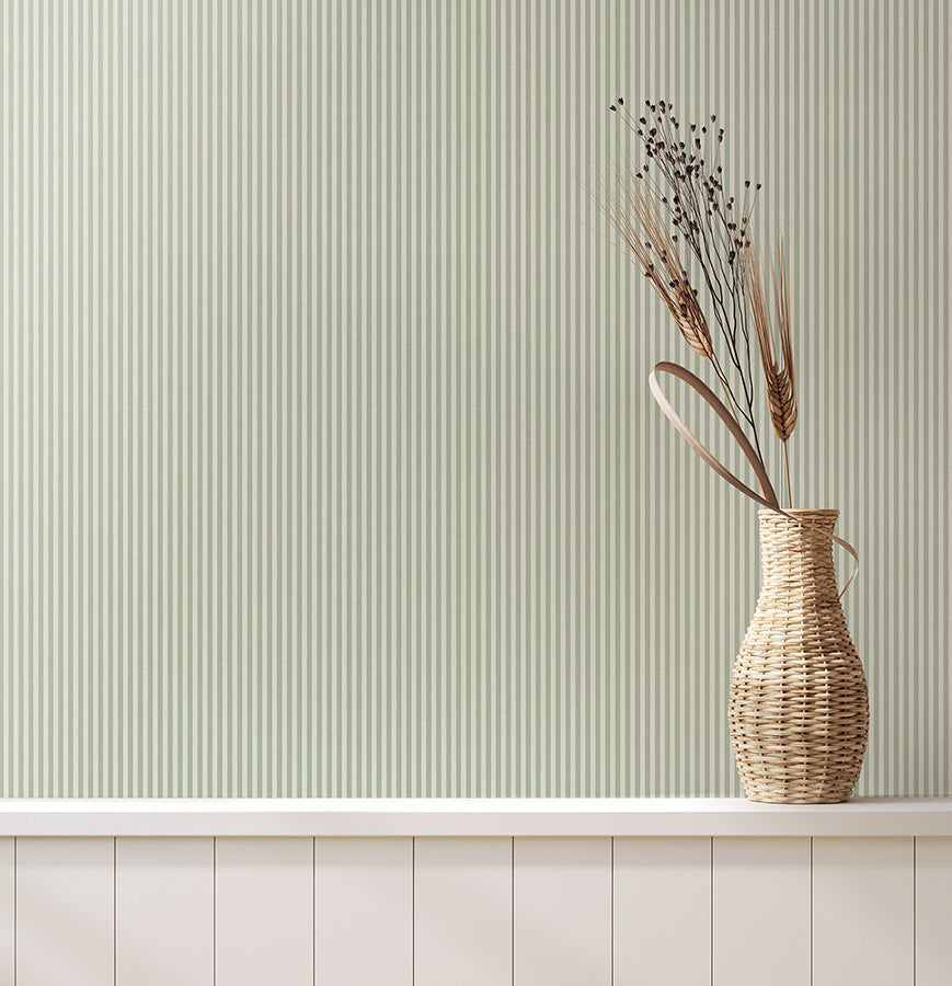 Ticking Light Green Stripe Wallpaper - Brewster Wallcovering