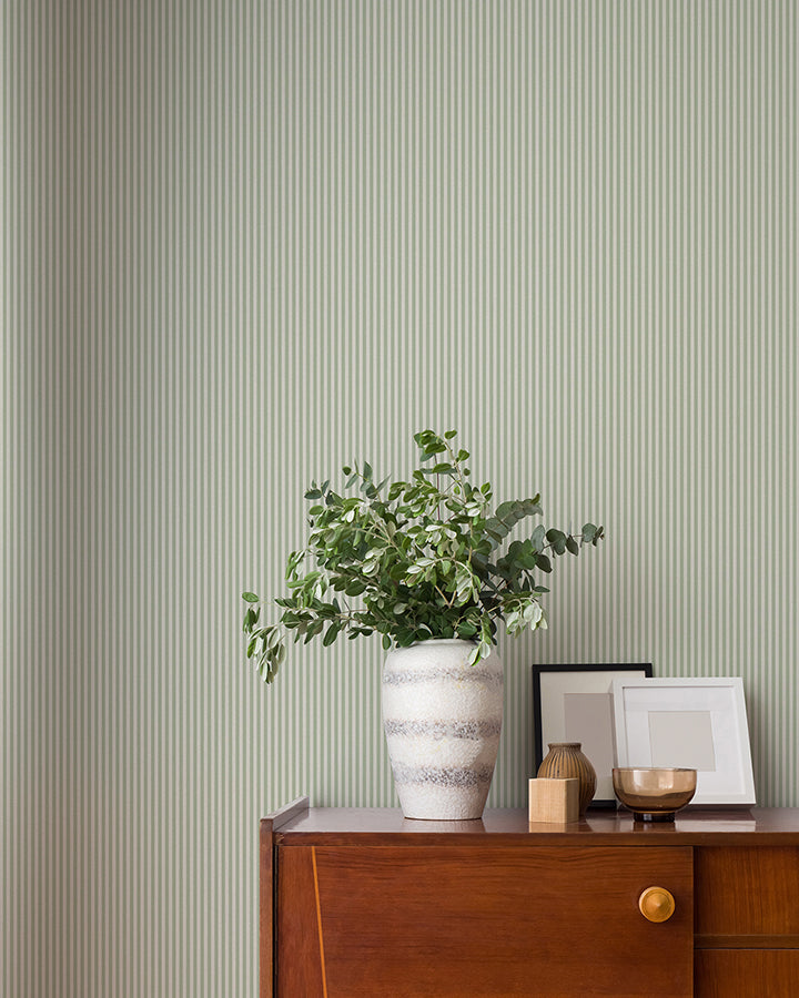 Ticking Light Green Stripe Wallpaper - Brewster Wallcovering