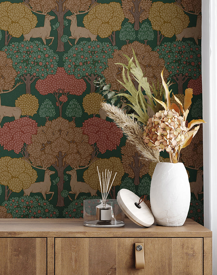 Forest of Arden Green Deer Wallpaper - Brewster Wallcovering