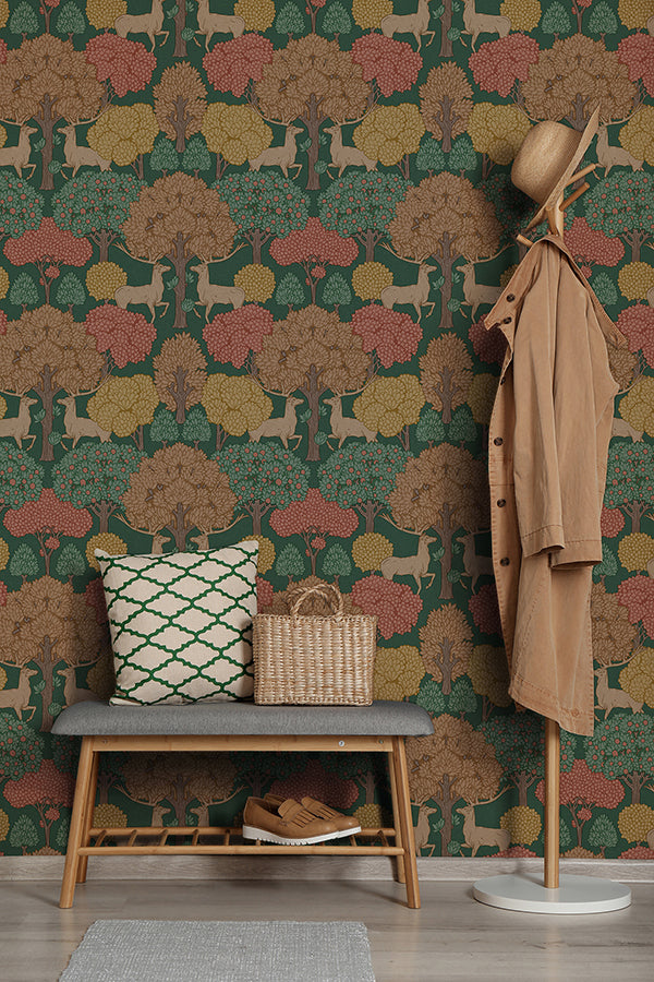 Forest of Arden Green Deer Wallpaper - Brewster Wallcovering