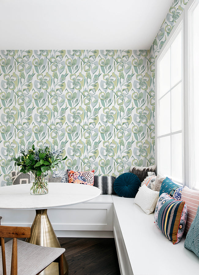 Nathalie Light Green Abstract Blooms Wallpaper - Brewster Wallcovering