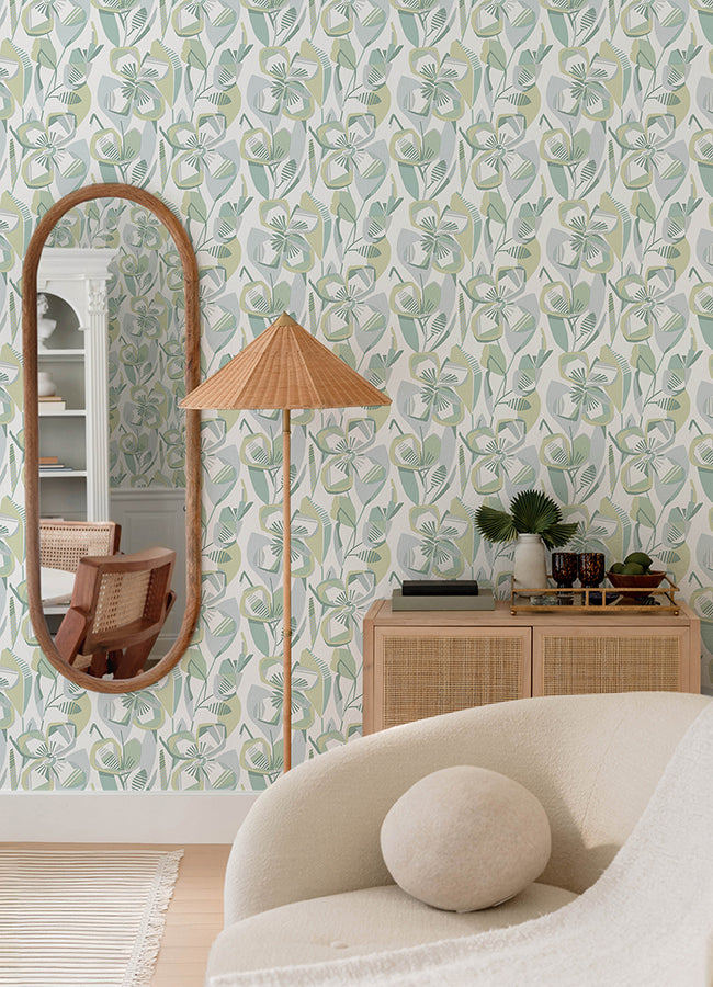 Nathalie Light Green Abstract Blooms Wallpaper - Brewster Wallcovering