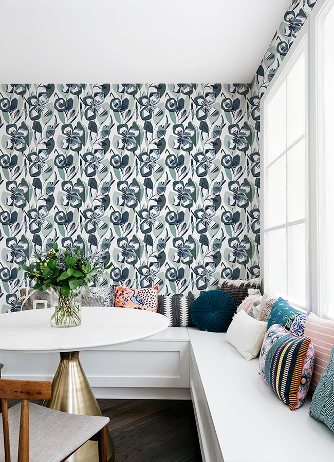 Nathalie Navy Abstract Blooms Wallpaper - Brewster Wallcovering