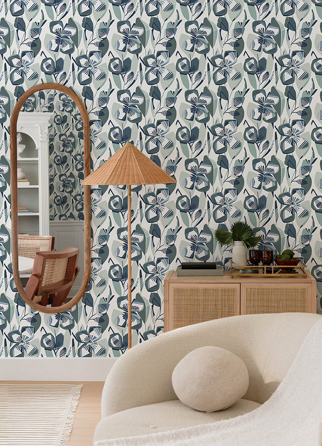 Nathalie Navy Abstract Blooms Wallpaper - Brewster Wallcovering