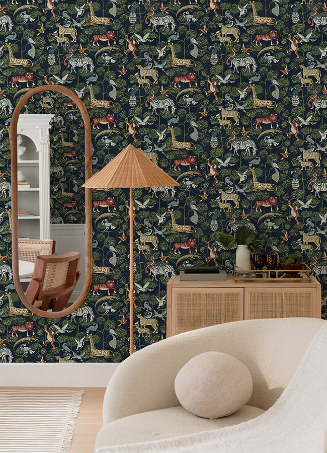 Rigby Navy Jungle Animals Wallpaper - Brewster Wallcovering