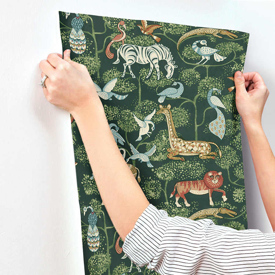 Rigby Green Jungle Animals Wallpaper - Brewster Wallcovering