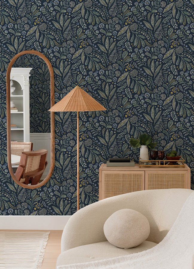 Briar Navy Floral Wallpaper - Brewster Wallcovering