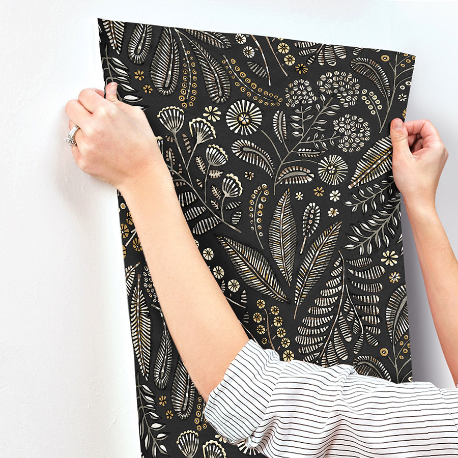 Briar Black Floral Wallpaper - Brewster Wallcovering