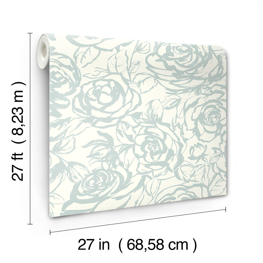 Nelda Light Blue Rose Wallpaper - Brewster Wallcovering