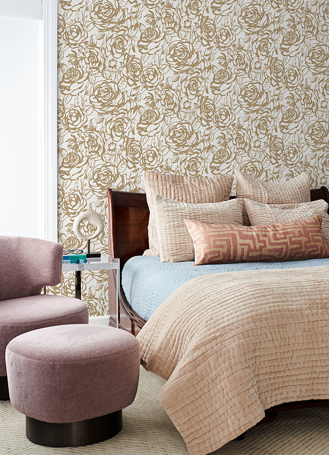 Nelda Gold Rose Wallpaper - Brewster Wallcovering