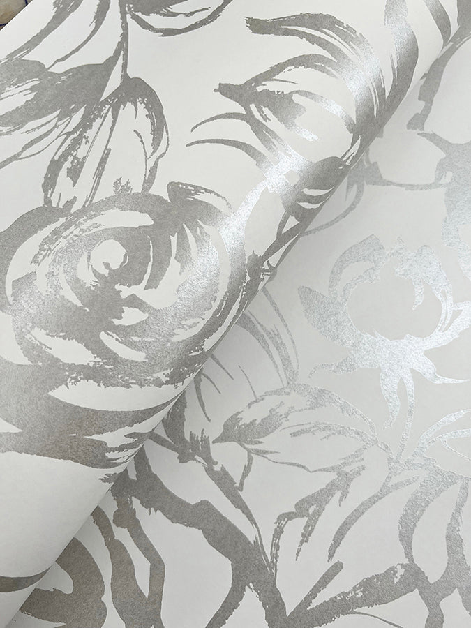 Nelda Silver Rose Wallpaper - Brewster Wallcovering