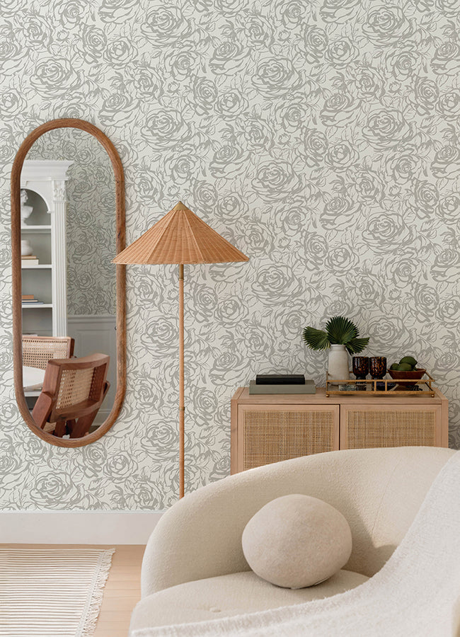 Nelda Silver Rose Wallpaper - Brewster Wallcovering