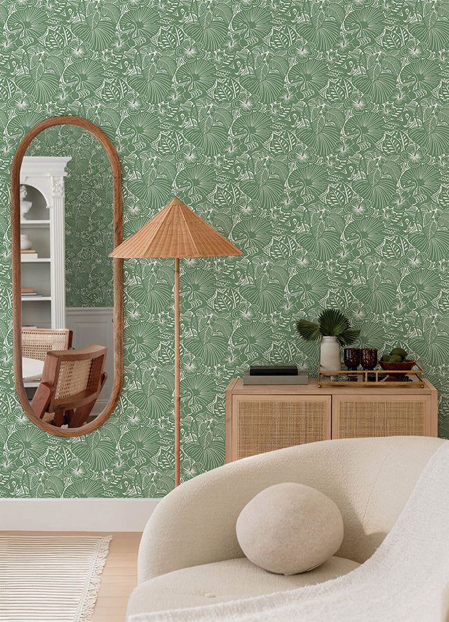 Idalia Green Floral Flamingo Wallpaper - Brewster Wallcovering