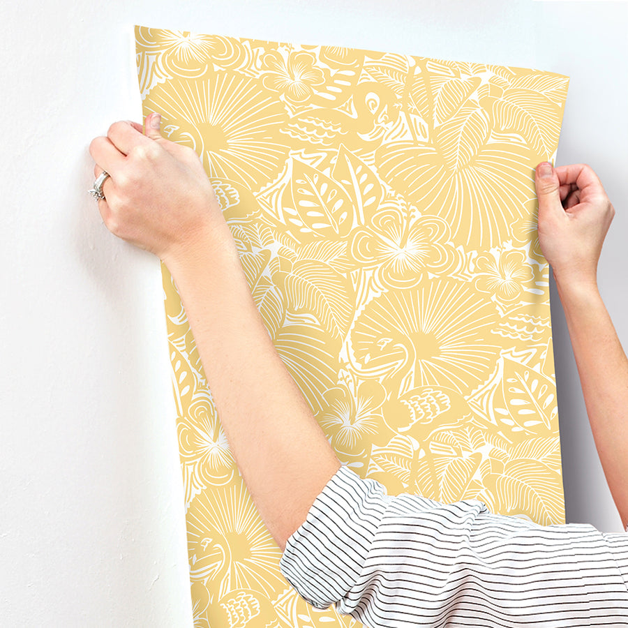 Idalia Yellow Floral Flamingo Wallpaper - Brewster Wallcovering