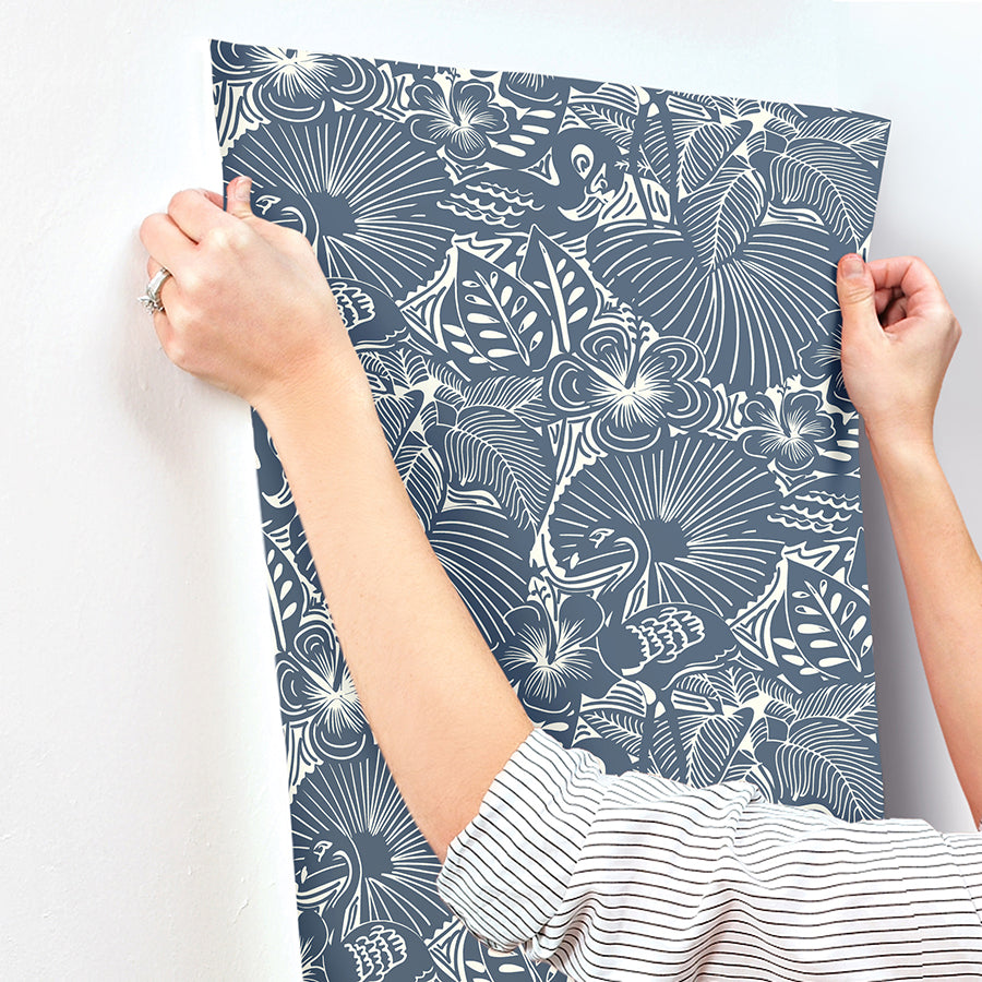 Idalia Navy Floral Flamingo Wallpaper - Brewster Wallcovering