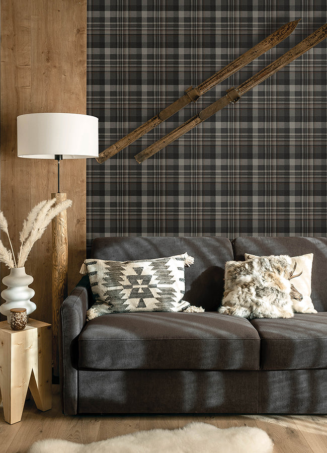 Dutton Plaid Charcoal Wallpaper - Brewster Wallcovering