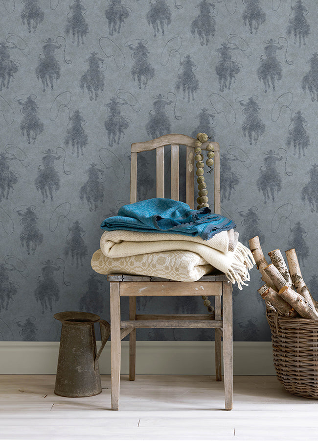 Stockman Silhouette Blue Wallpaper - Brewster Wallcovering