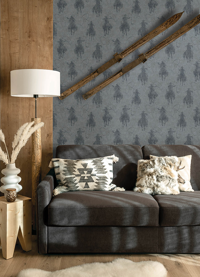 Stockman Silhouette Blue Wallpaper - Brewster Wallcovering