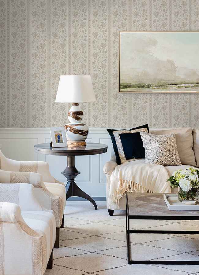 Edgemoor Taupe Jacobean Stripe Wallpaper - York Wallcoverings - AST6350