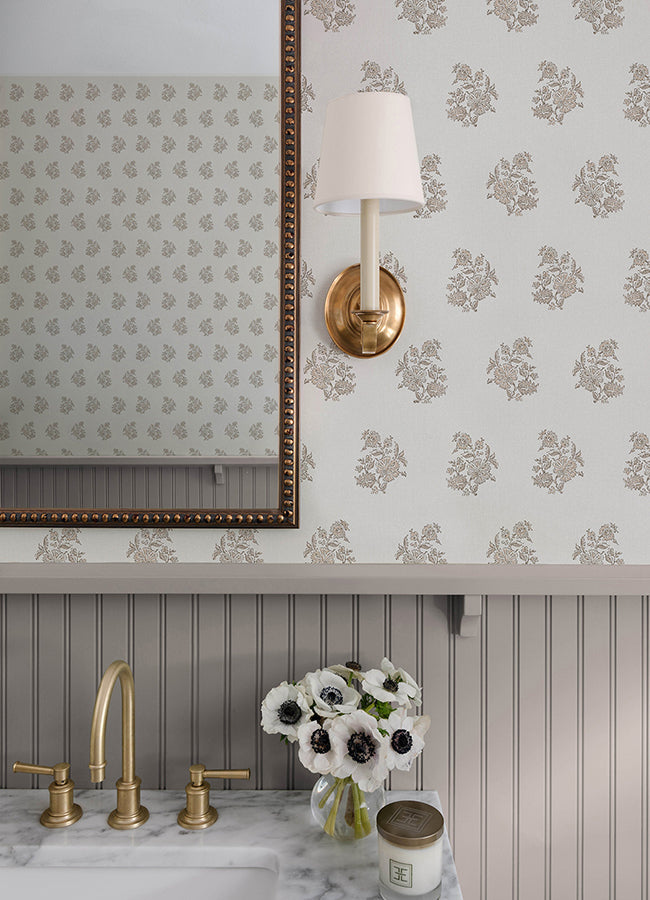 Overbrook Taupe Bouquet Toss Wallpaper - Brewster Wallcovering