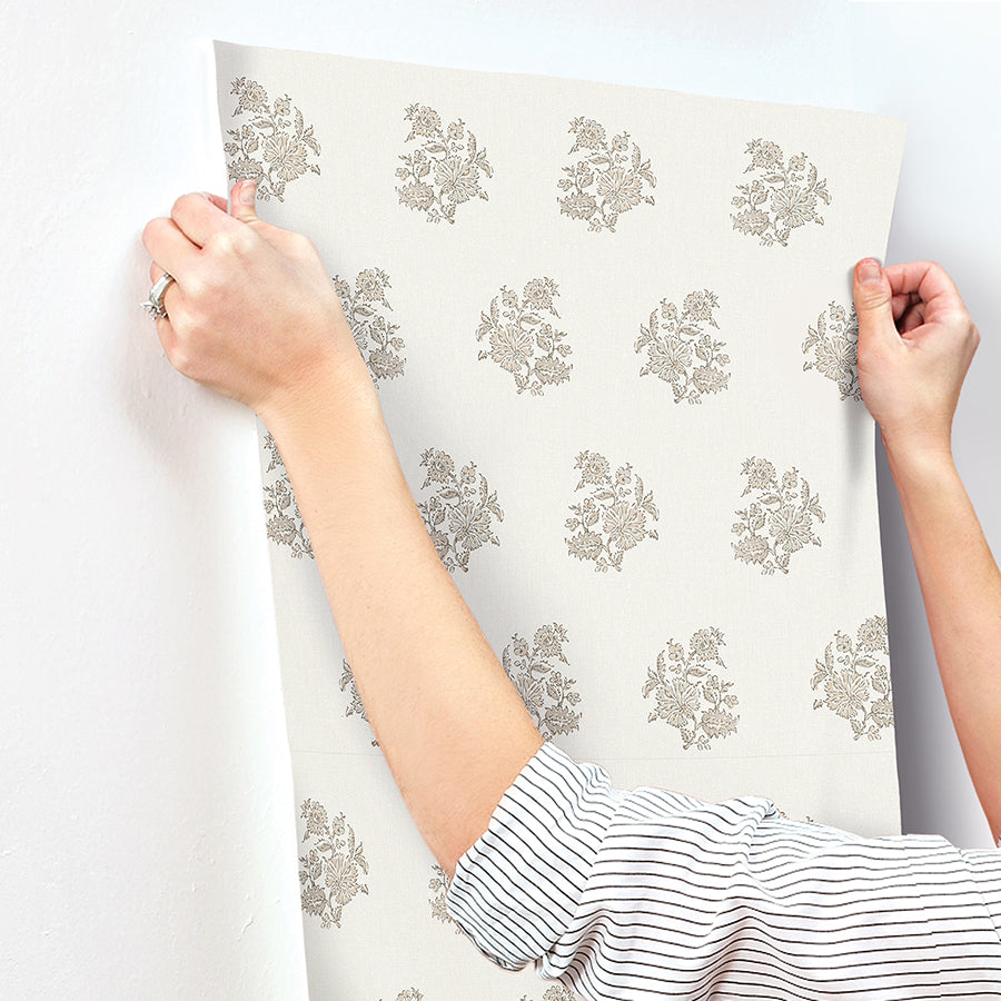 Overbrook Taupe Bouquet Toss Wallpaper - Brewster Wallcovering