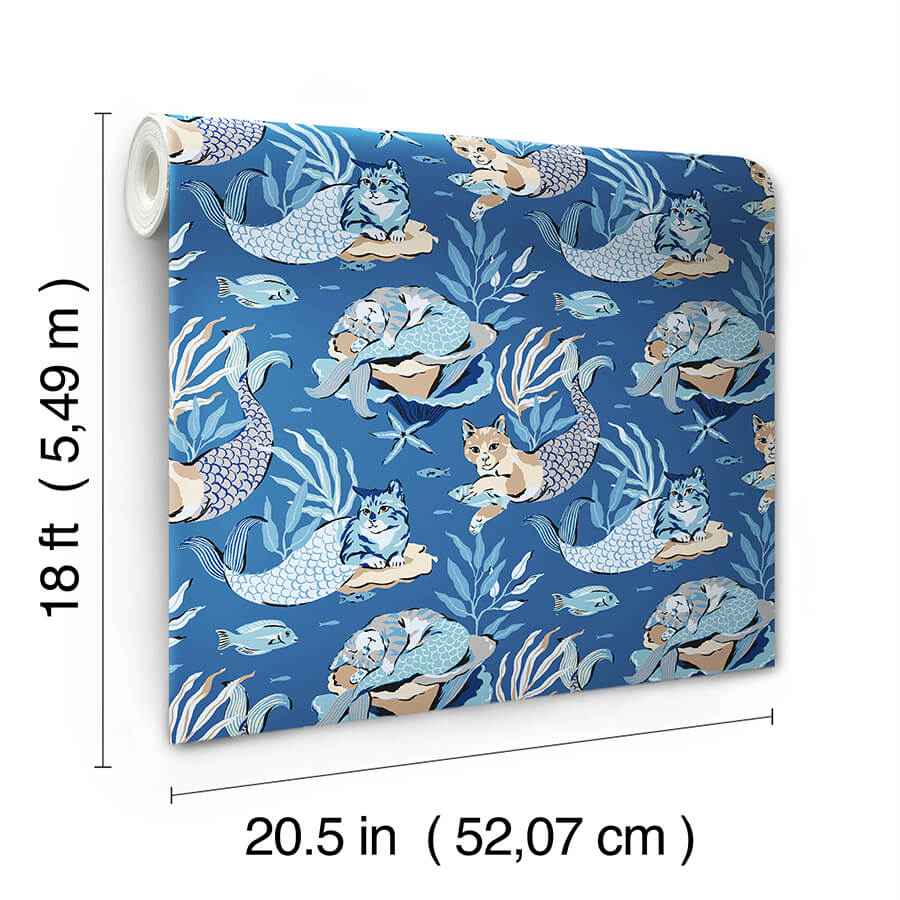 Meowing Mermaids Blue Peel and Stick Wallpaper - York Wallcoverings - PFS6393 - York Wallcoverings Wallpaper