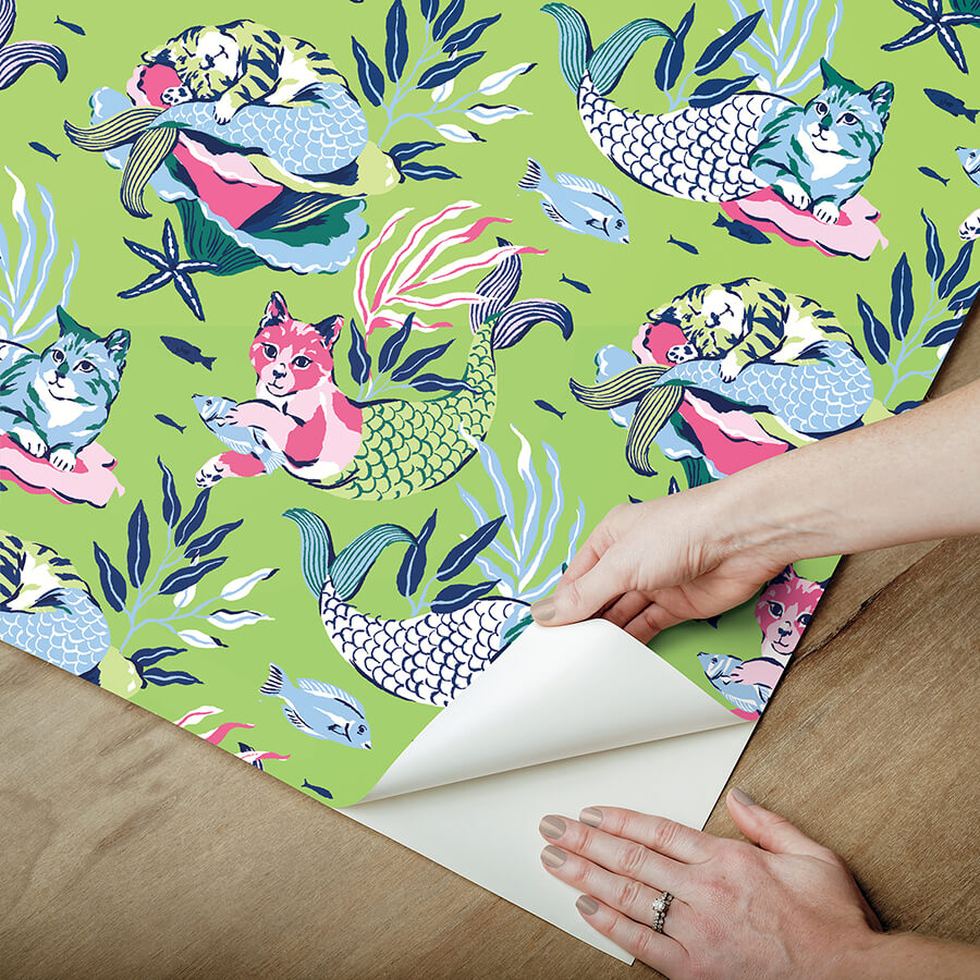 meowing-mermaids-lime-green-peel-and-stick-wallpaper-york-wallcoverings-pfs6394 - York Wallcoverings Wallpaper
